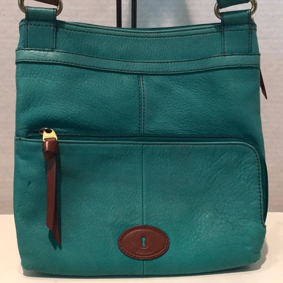 Fossil Teal Green Leather Messenger/ Crossbody Bag - Picture 1 of 16